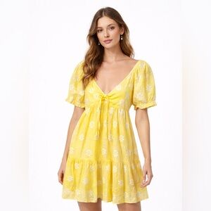 Dee Elly Yellow White Daisy Smocked Puff Sleeve Mini Babydoll Dress